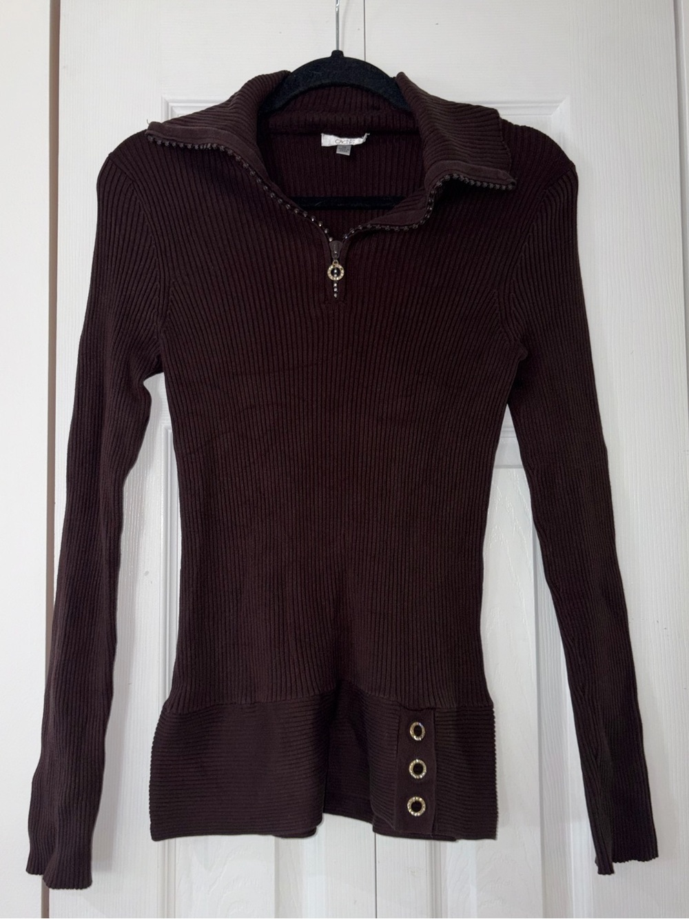 VTG Cache Y2K Ribbed Brown Long Sleeve Rhinestone Pullover Sweater Size MED Silk